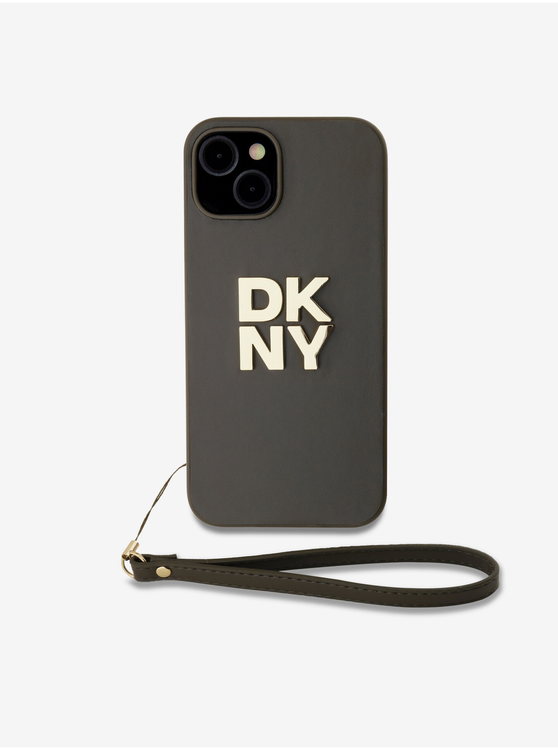 PU Leather Stack Logo Wrist Strap Zadní Kryt pro iPhone 13 Brown DKNY