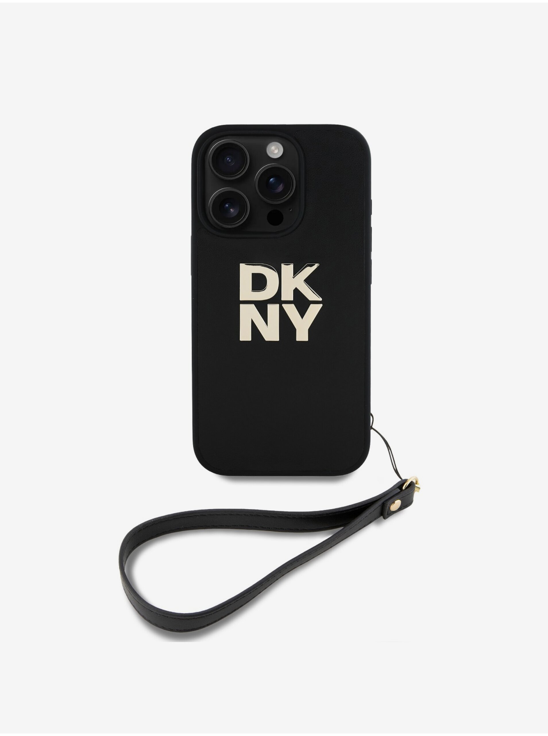 DKNY PU Leather Stack Logo Wrist Strap Zadný Kryt pre iPhone 16 Pro Black