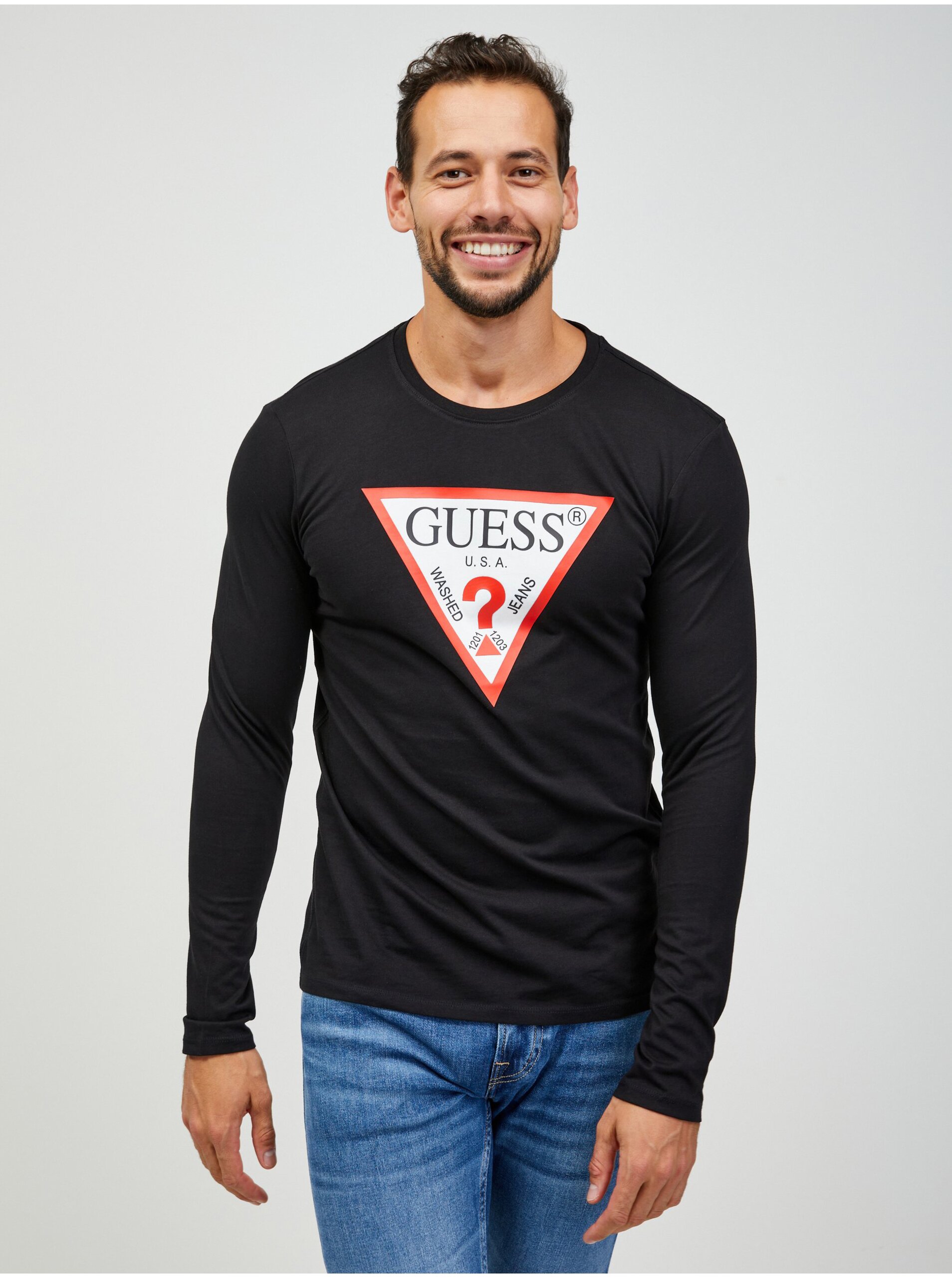 Černé pánské tričko s dlouhým rukávem Guess