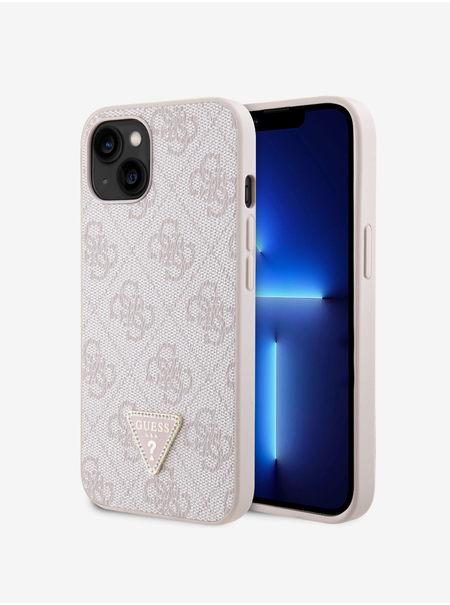 Levně Guess PU 4G Strass Triangle Metal Logo Zadní Kryt pro iPhone 15 Pink