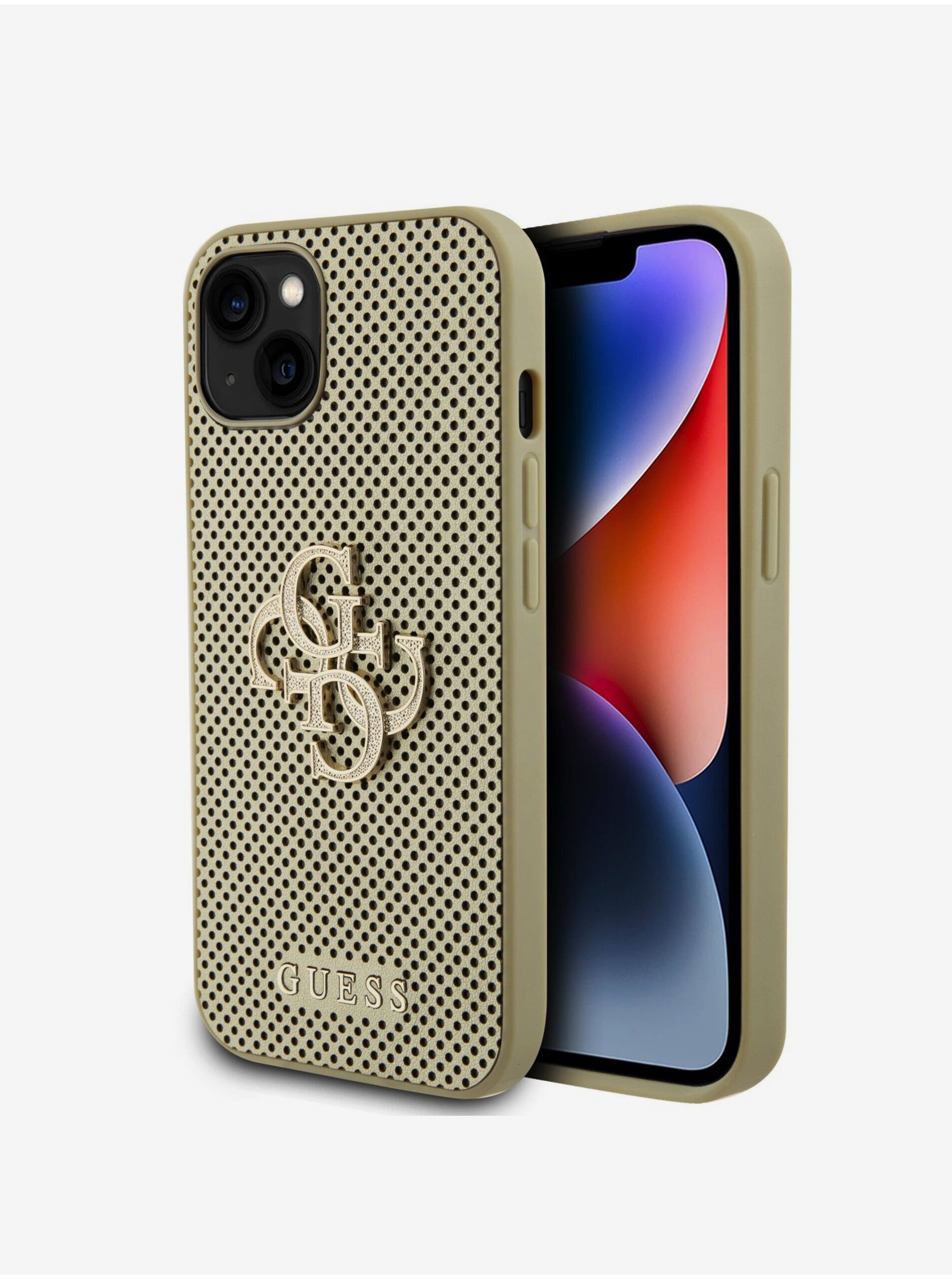 Guess PU Perforated 4G Glitter Metal Logo Zadní Kryt pro iPhone 15 Gold