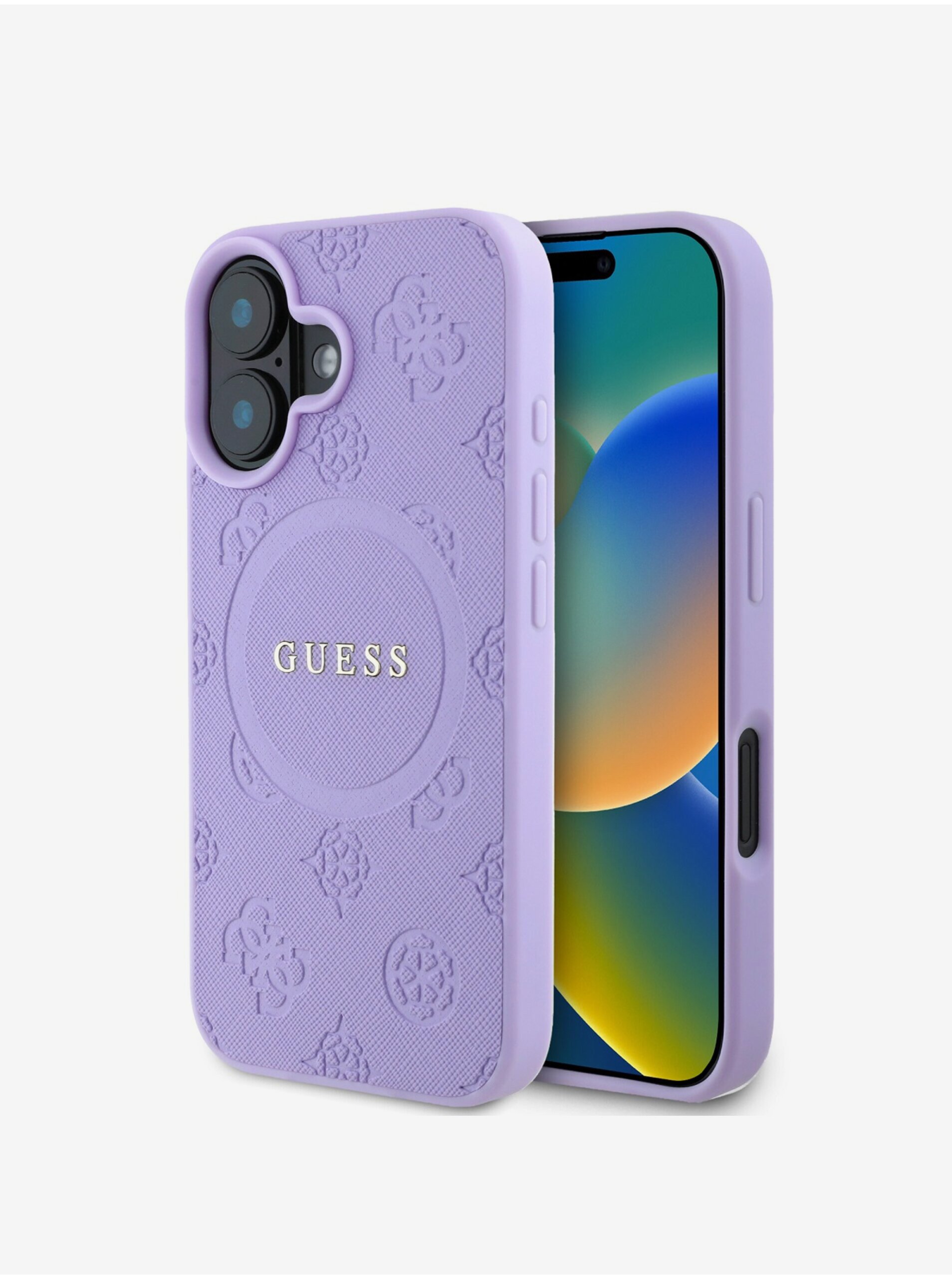 Guess Saffiano Peón Stamp MagSafe Zadný Kryt pre iPhone 16 Purple