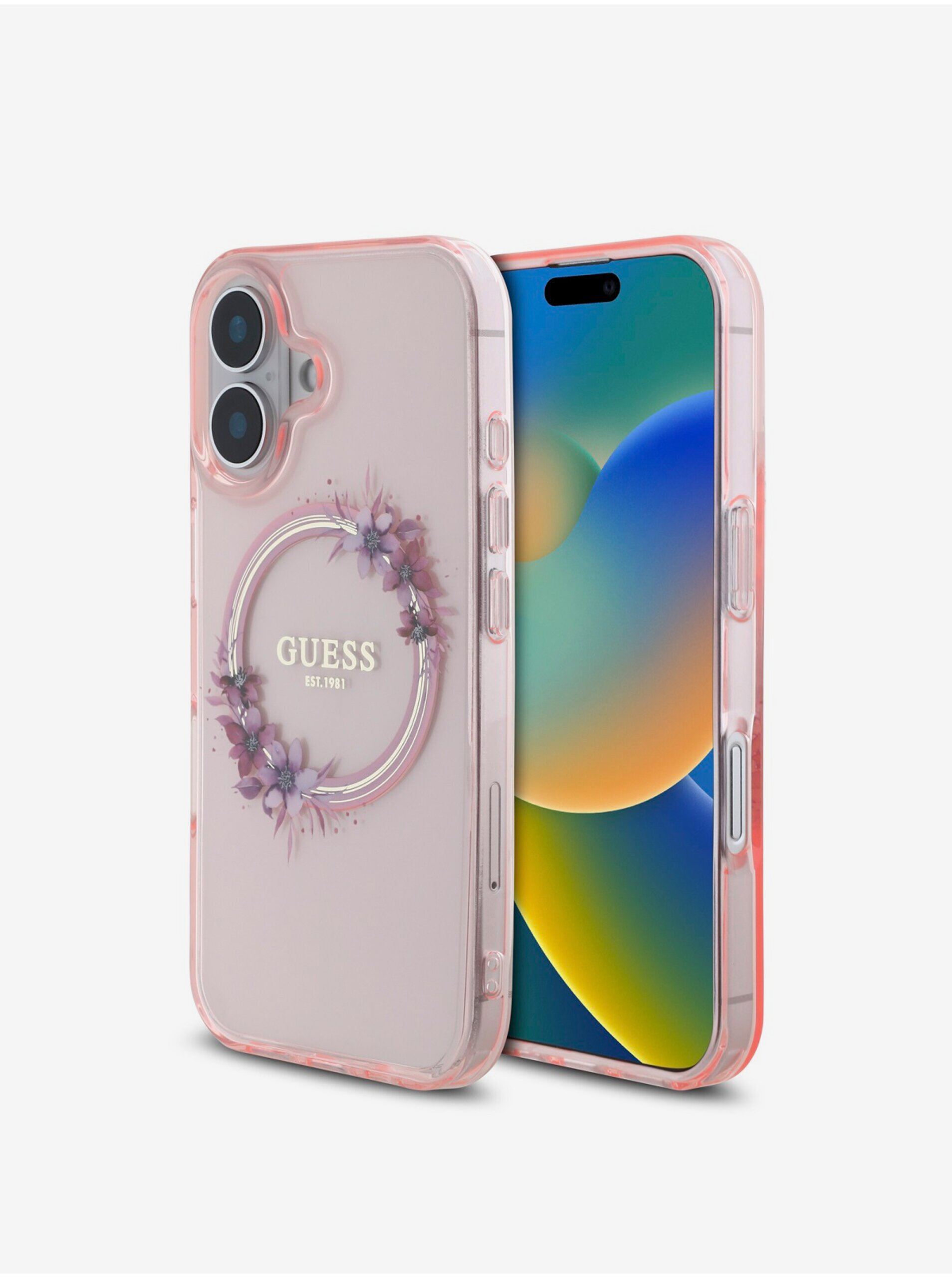 Levně Guess IML Flowers Ring MagSafe Zadní Kryt pro iPhone 16 Pink