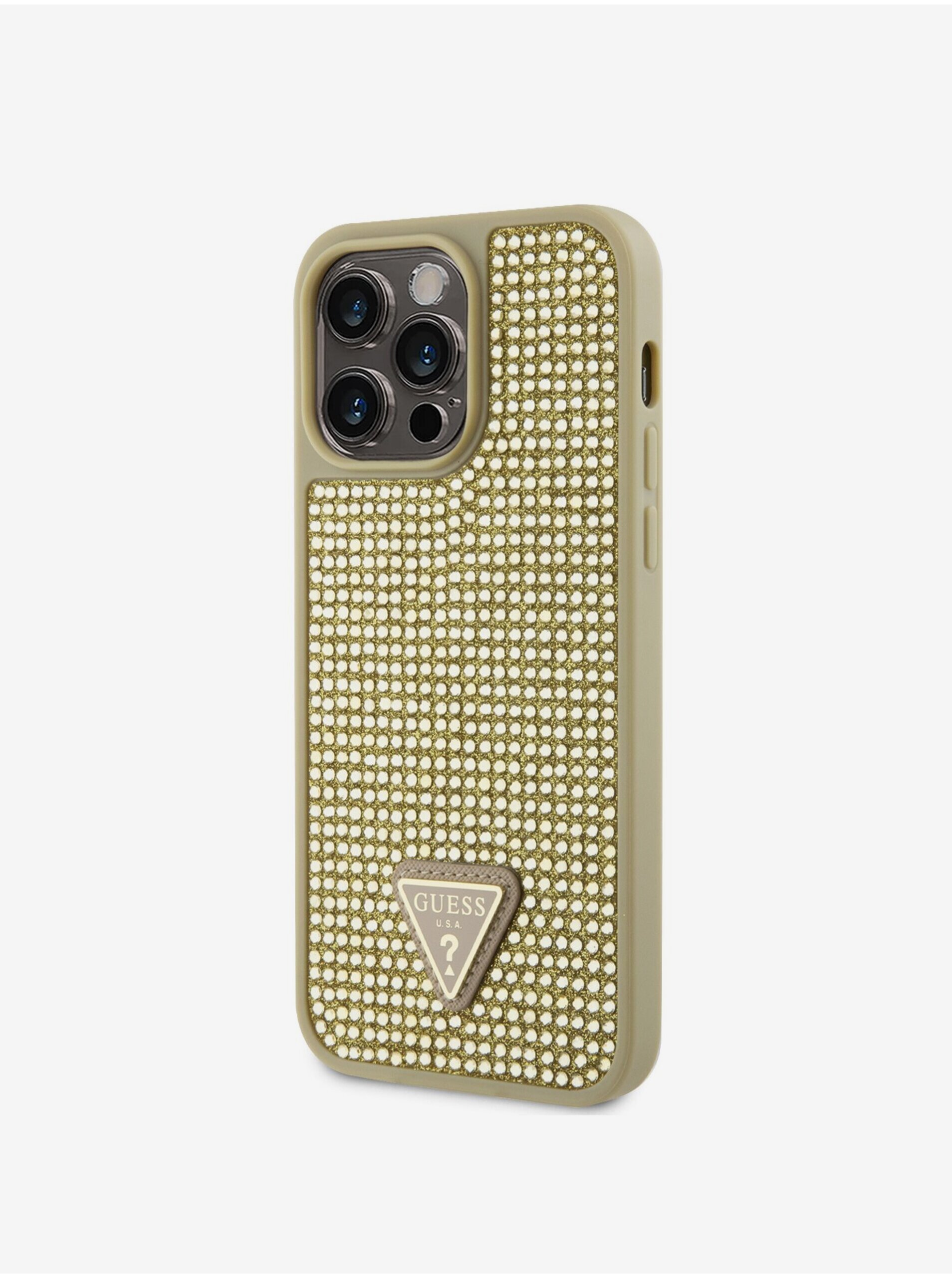 Guess Rhinestones Triangle Metal Logo Kryt pro iPhone 14 Pro Max Gold