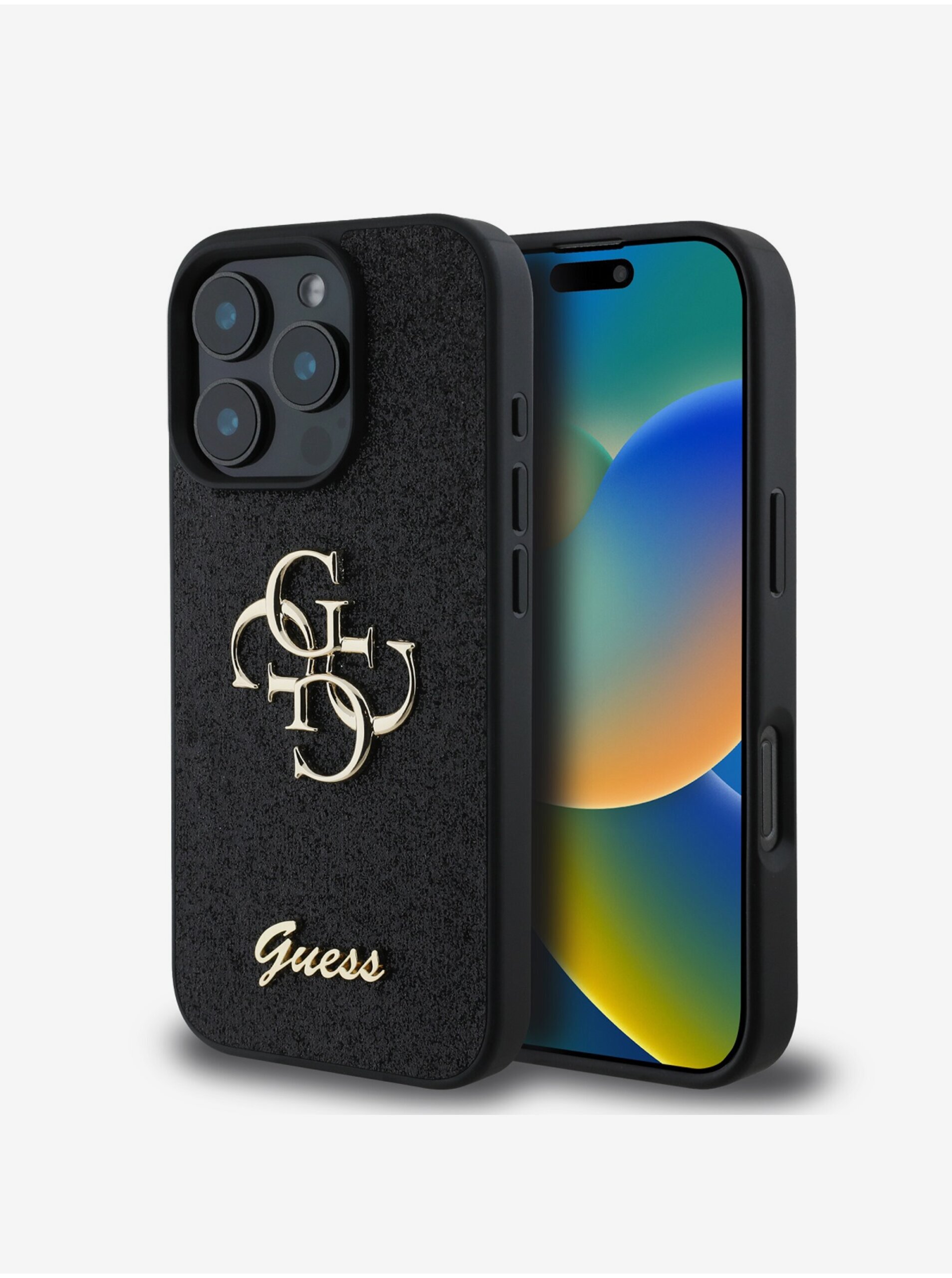 Guess PU Fixed Glitter 4G Metal Logo Zadní Kryt pro iPhone 16 Pro Black