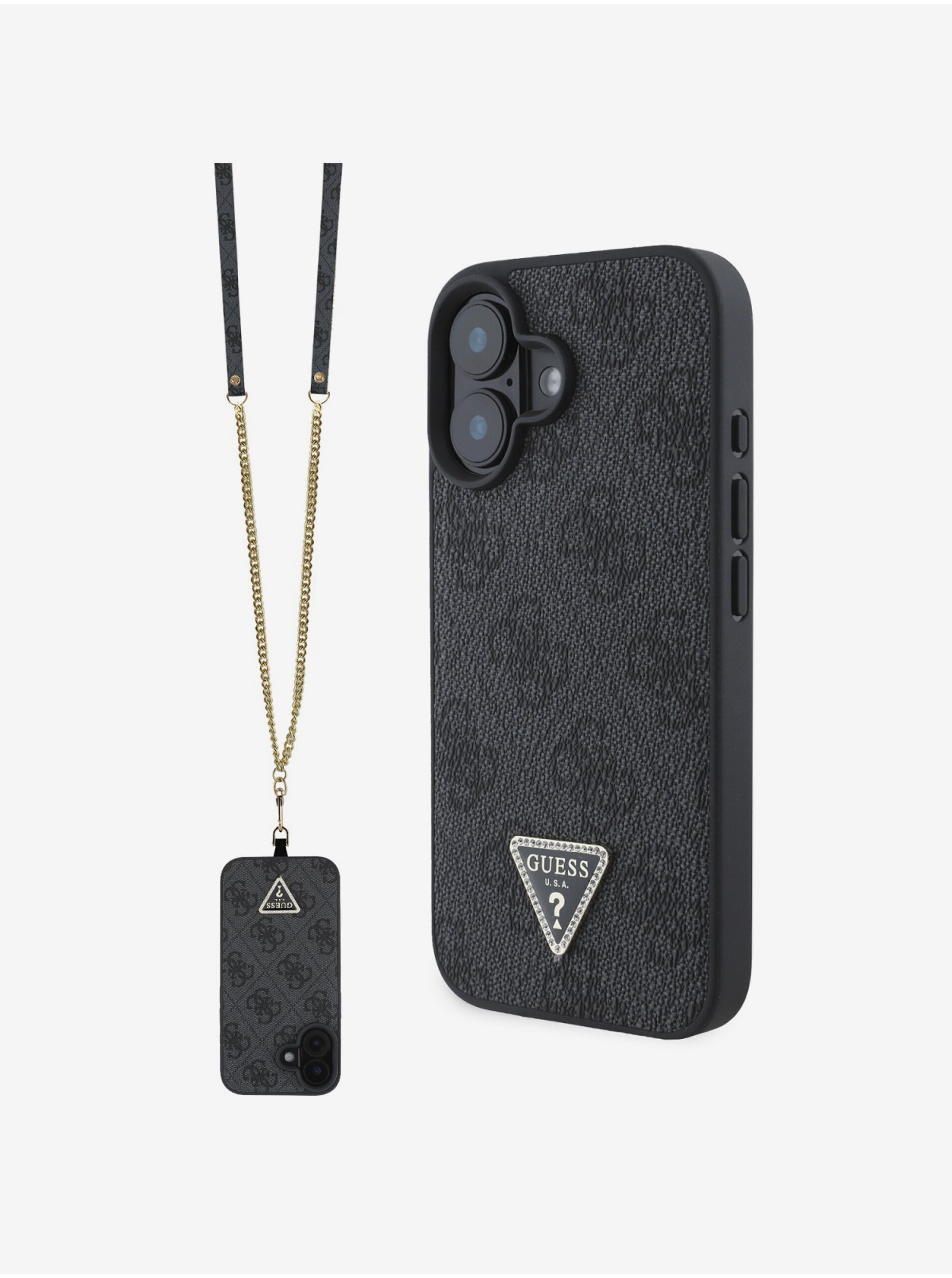 Levně Guess PU 4G Strass Triangle Metal Logo Zadní Kryt + Crossbody Popruh pro iPhone 16 Black