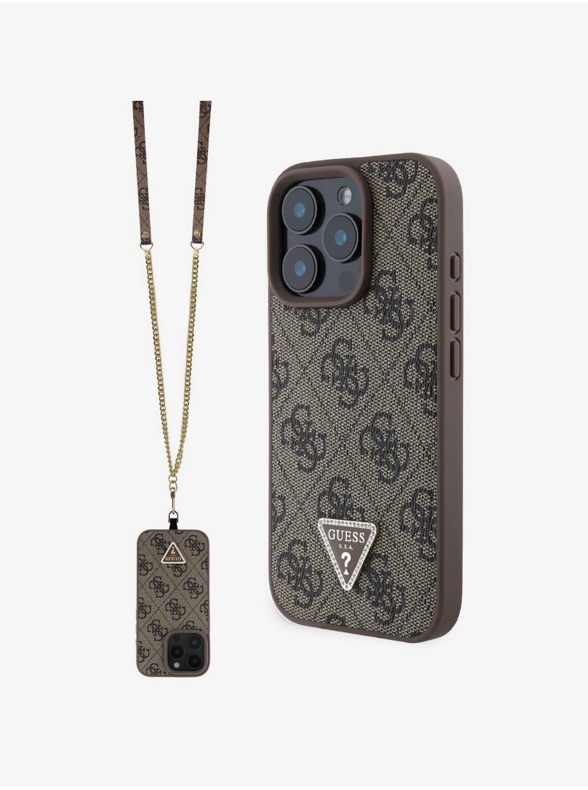 Guess PU 4G Strass Triangle Metal Logo Zadní Kryt + Crossbody Popruh pro iPhone 16 Pro Brown