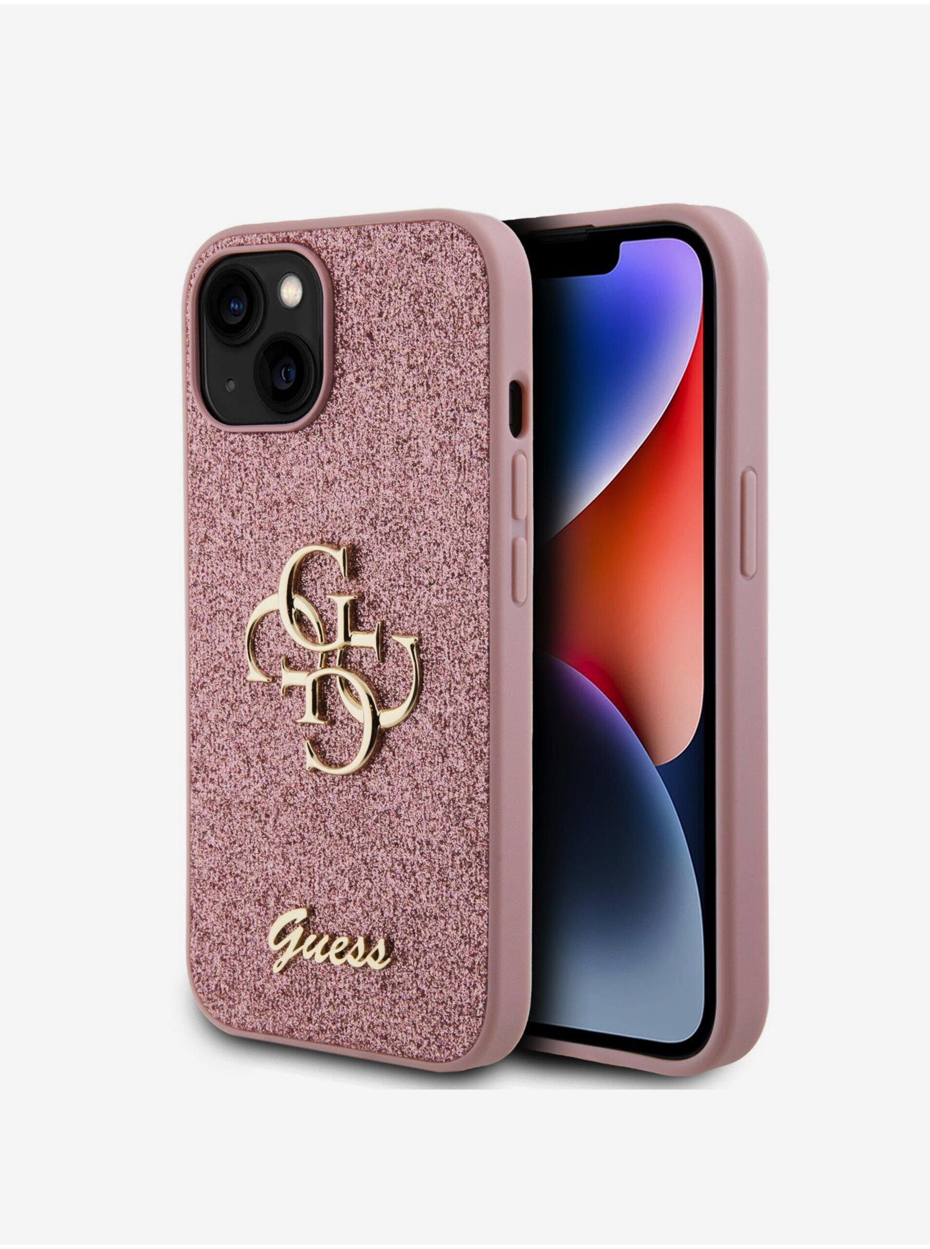 Levně Guess PU Fixed Glitter 4G Metal Logo Zadní Kryt pro iPhone 15 Pink