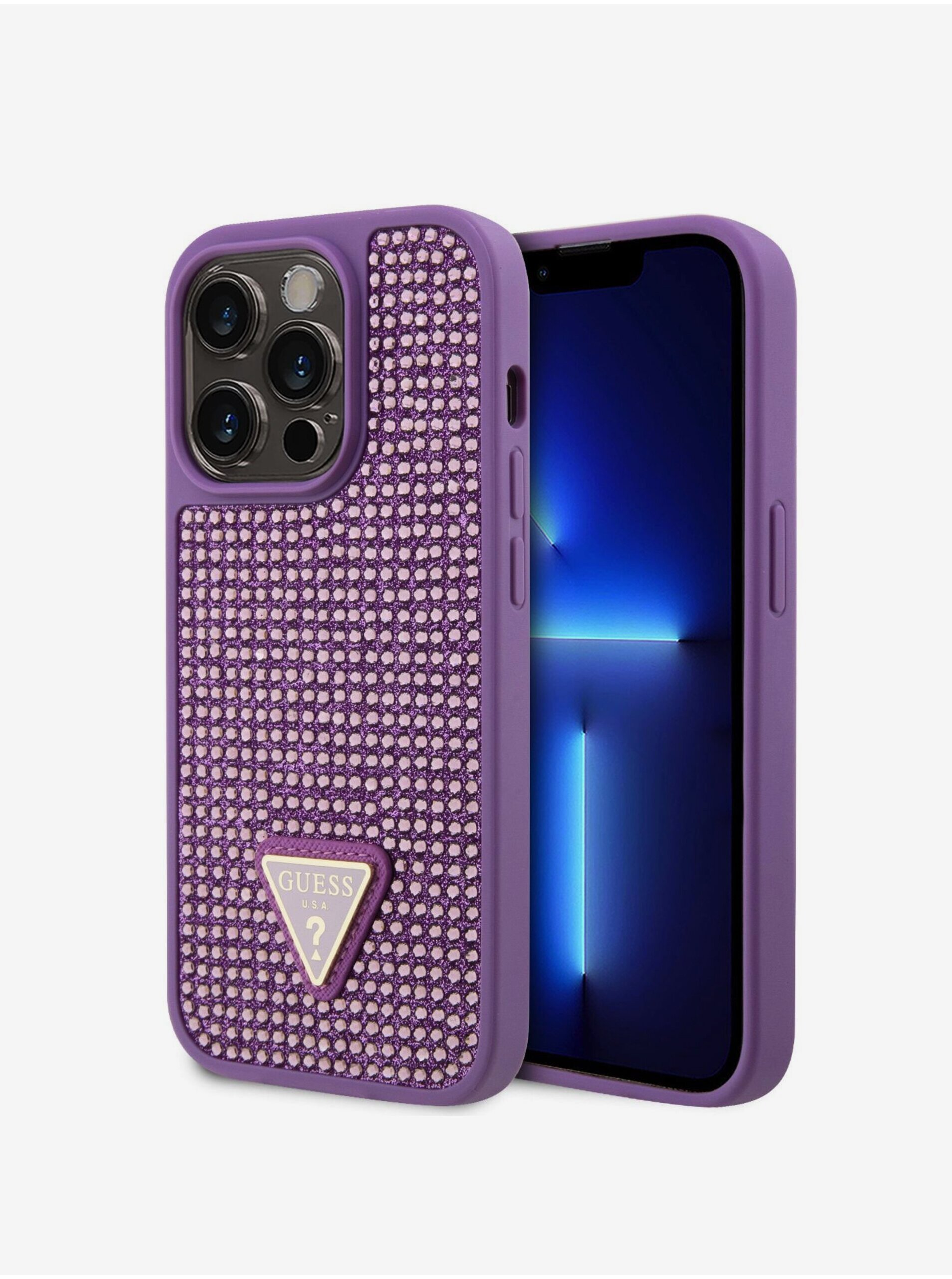 Levně Guess Rhinestones Triangle Metal Logo Kryt pro iPhone 15 Pro Purple