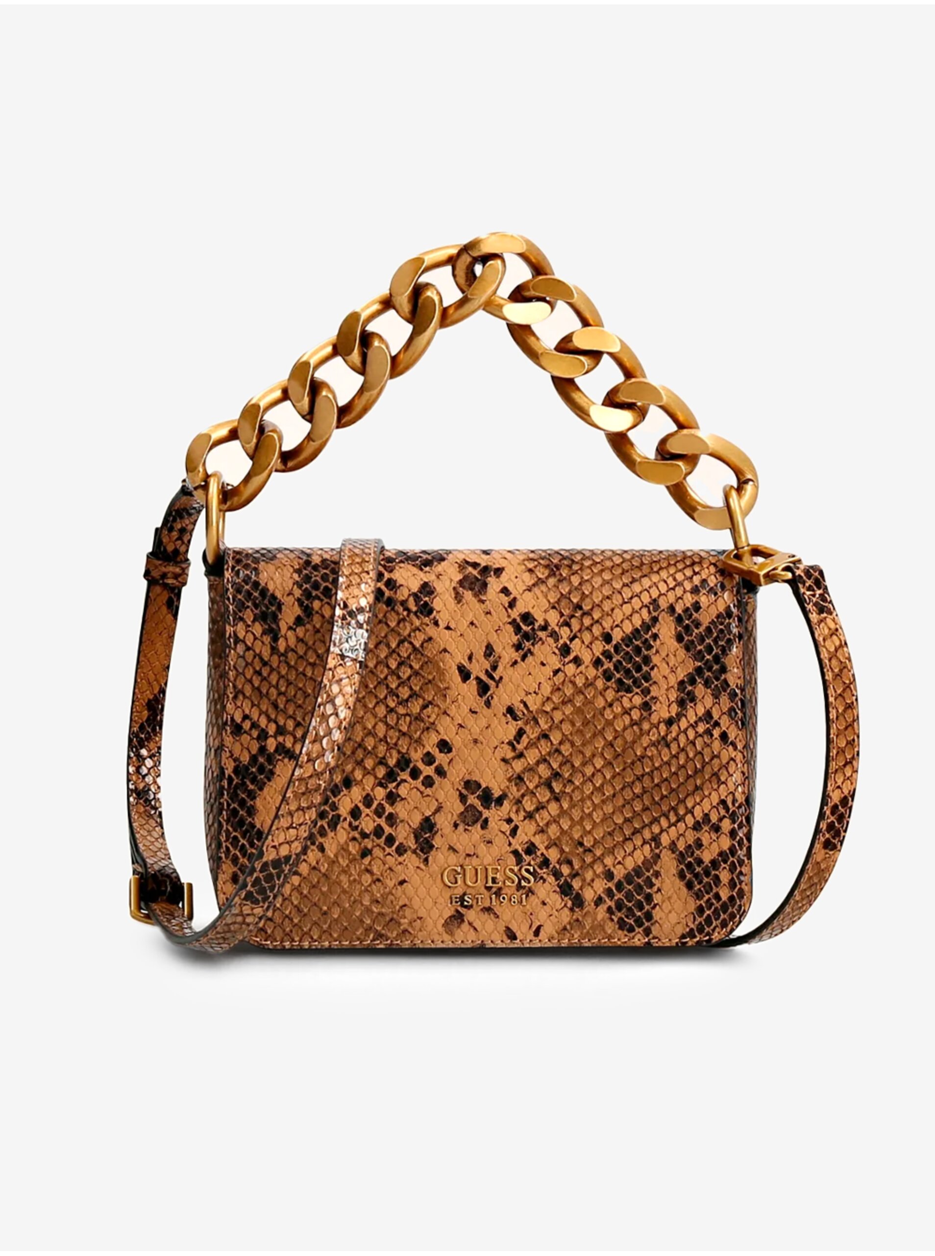 Hnedá dámska vzorovaná malá crossbody kabelka Guess Tullia