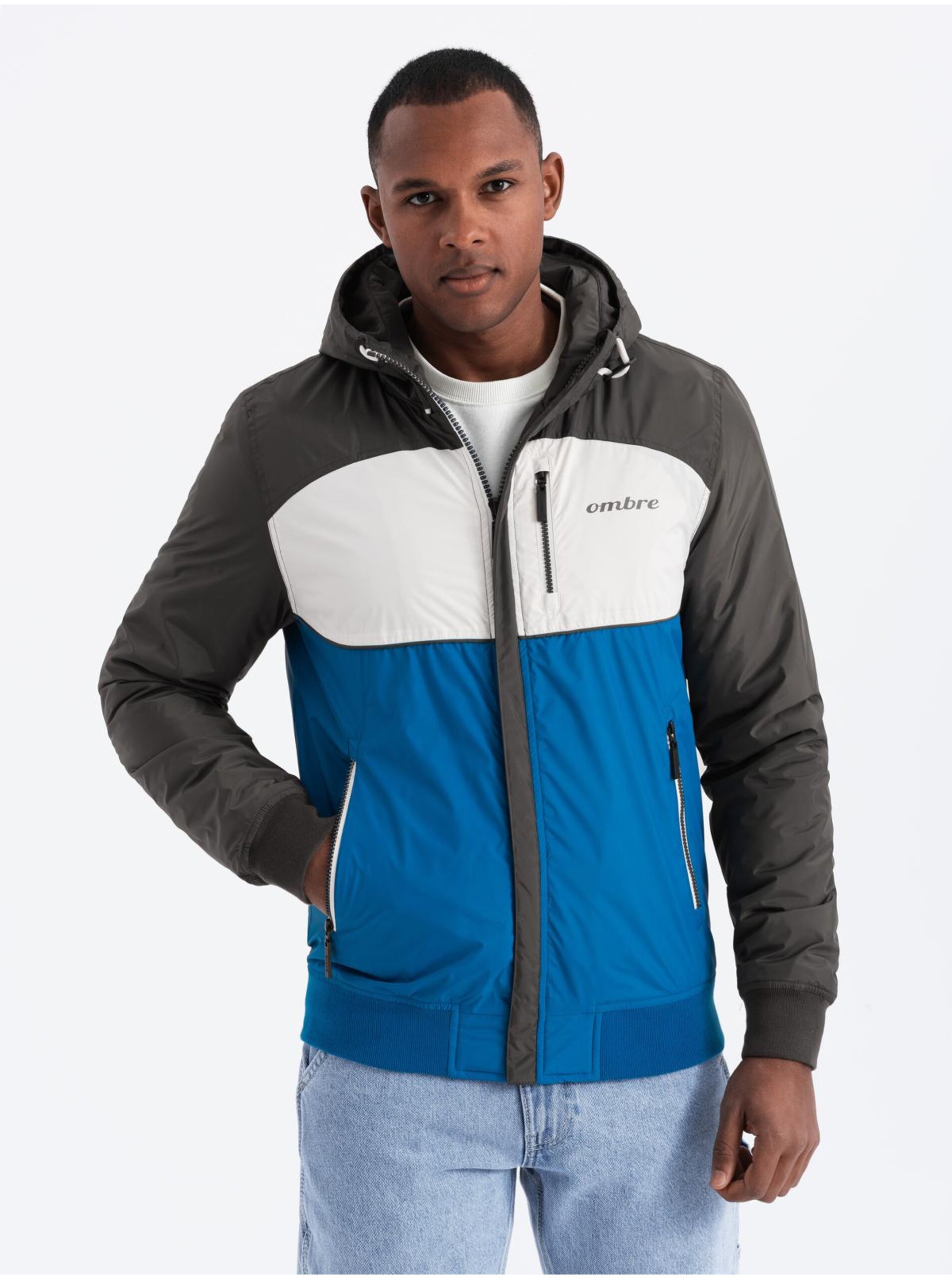 Pánská lehká barevná sportovní bunda s fleecem modrá Ombre Clothing