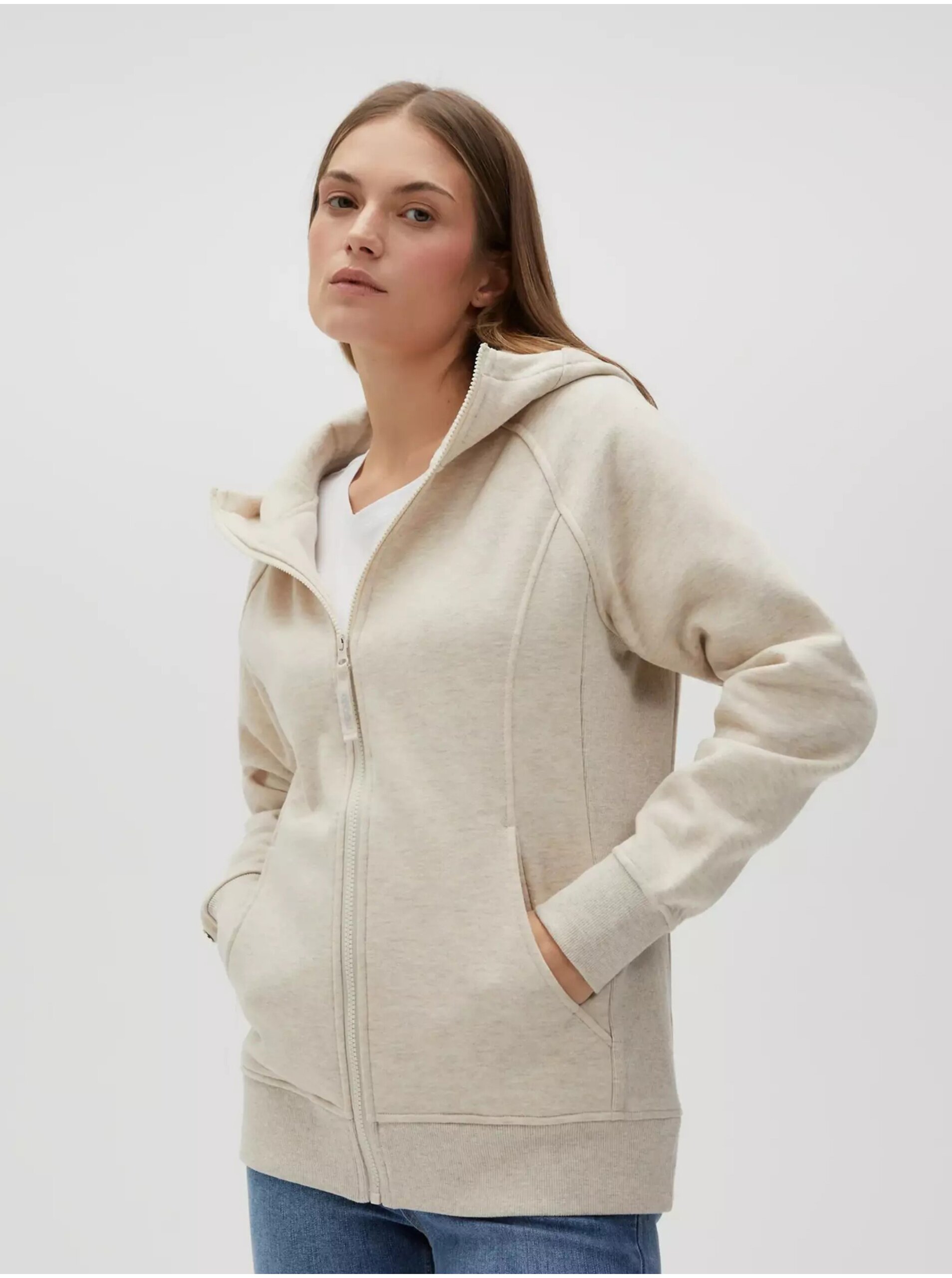 Levně Béžová dámská mikina na zip s kapucí Moodo