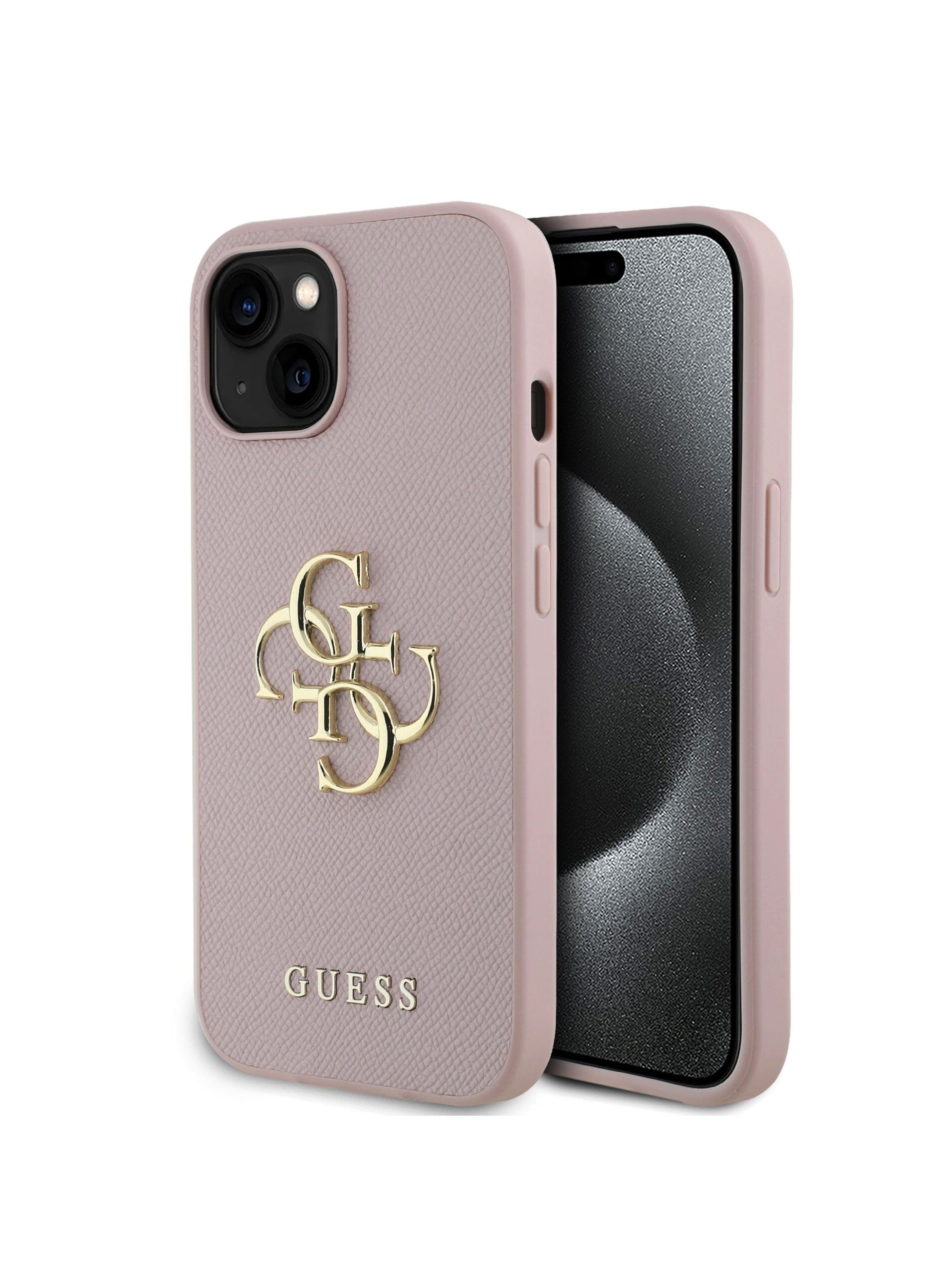 Levně Guess PU Grained 4G Metal Logo Zadní Kryt pro iPhone 15 Pink