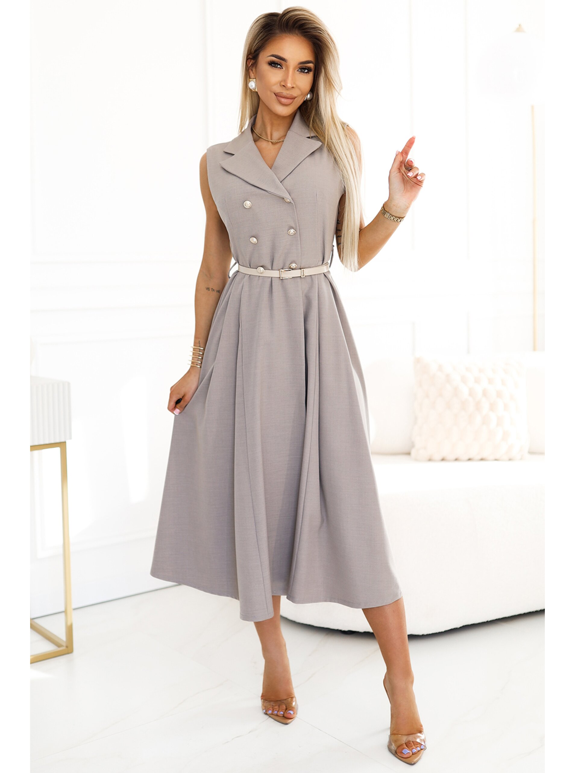 Elegantní midi košilové šaty se zlatými knoflíky a páskem - šedobéžová