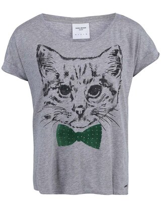 Sivé tričko s mačkou so zeleným motýlikom VERO MODA Pet Cat 