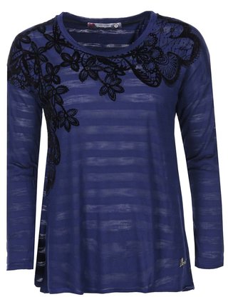 Modré pruhované dámské tričko se vzorem květin Desigual Chapin