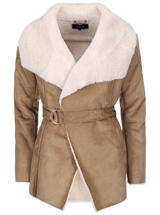 Svetlohnedý kratší kabát s umelým kožúškom VILA Aviate