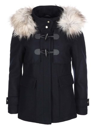 Tmavomodrý vlnený kabát s kožušinkou ONLY Jenny
