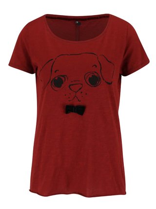 Tehlové tričko s mašľou a motívom psíka ONLY Kaya
