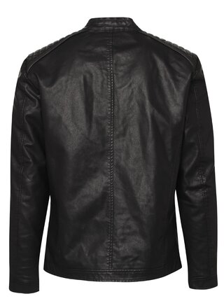 Černá koženková bunda s detaily Jack & Jones Steel