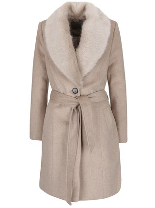 Béžový kabát s umelým kožúškom a zaväzovaním v páse VERO MODA Safire