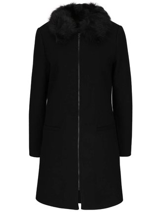 Čierny vlnený kabát s umelým kožúškom Share VERO MODA