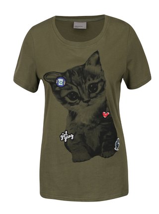 Kaki tričko s potlačou mačky a nášivkami VERO MODA Biba