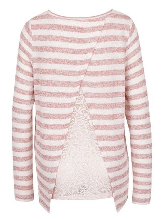 Ružový pruhovaný sveter s čipkovaným chrbtom VERO MODA Almond