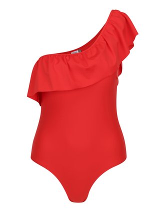 Červené jednodielne plavky cez jedno rameno s volánmi VERO MODA Ella
