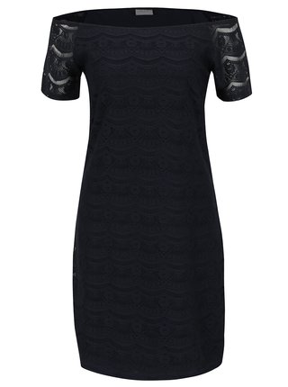 Tmavomodré čipkované šaty s odhalenými ramenami VILA Monie