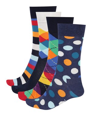 Sada čtyř párů vzorovaných pánských ponožek v tmavě modré barvě Happy Socks