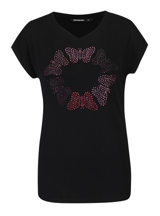 Černé tričko s kamínkovou aplikací ve tvaru motýlů Desigual Coral