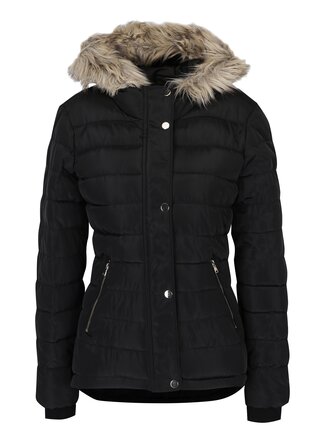 Čierna prešívaná zimná bunda s umelou kožušinou Dorothy Perkins