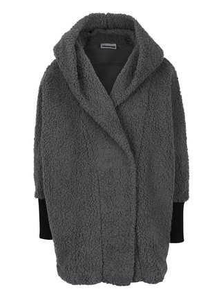 Sivý kabát z umelého kožúška s kapucňou Noisy May Cuddle