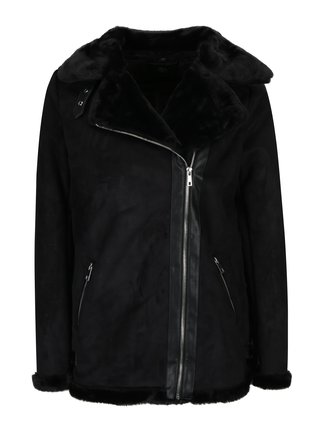 Čierna zimná bunda v semišovej úprave s umelou kožušinkou Dorothy Perkins 
