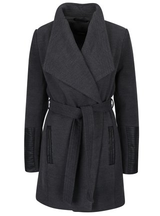 Tmavosivý kabát s koženkovými detailmi VERO MODA Cala