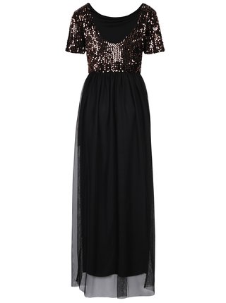 Čierne maxišaty s tylovou sukňou a topom s flitrami v bronzovej farbe ONLY Confidence