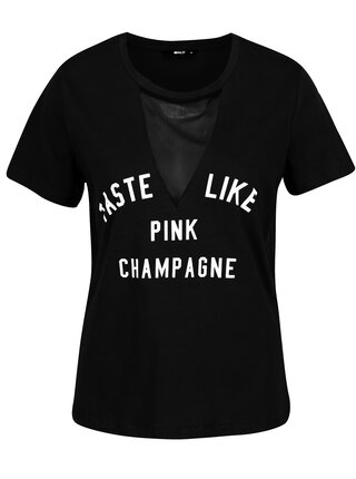 Čierne tričko s potlačou a priesvitným dekoltom ONLY Champagne