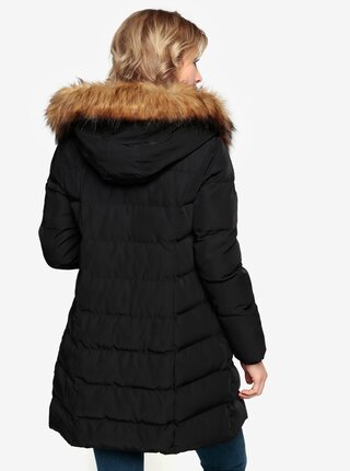 Čierny prešívaný zimný kabát s kapucňou a umelým kožúškom Oasis Etna
