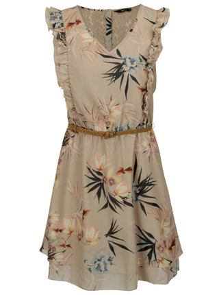 Béžové kvetované šaty s čipkou na chrbte a volánikmi ONLY Libby