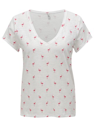 Ružovo–biele tričko s potlačou plameniakov ONLY Bone