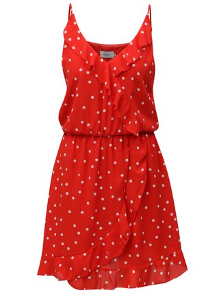 Červené bodkované šaty s volánmi ONLY Rubbi