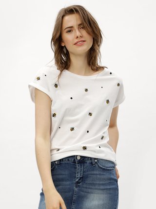 Biele tričko s výšivkami včiel ONLY Minna