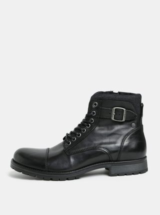 Čierne pánske kožené členkové topánky s prackou Jack & Jones Bany