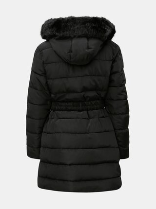 Čierny zimný prešívaný kabát s odnímateľným opaskom a umelou kožušinou Dorothy Perkins