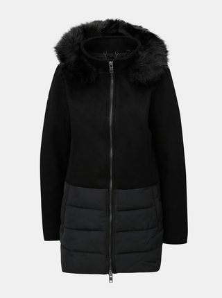 Čierny dámsky vlnený kabát s kapucňou a umelým kožúškom Superdry