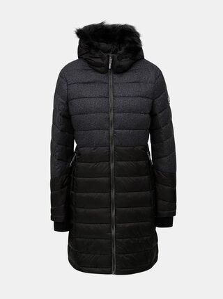 Sivo–čierny dámsky kabát s kapucňou a umelým kožúškom Superdry