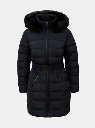 Tmavomodrý zimný prešívaný kabát s odnímateľnou umelou kožušinkou Dorothy Perkins Petite