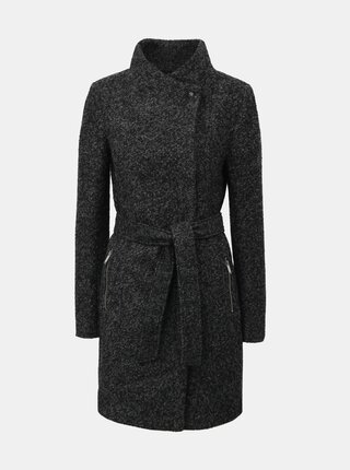 Čierno–sivý melírovaný kabát s opaskom a prímesou vlny VERO MODA Boos