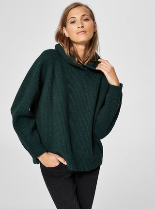 Tmavozelený voľný vlnený sveter s kapucňou Selected Femme Kenna